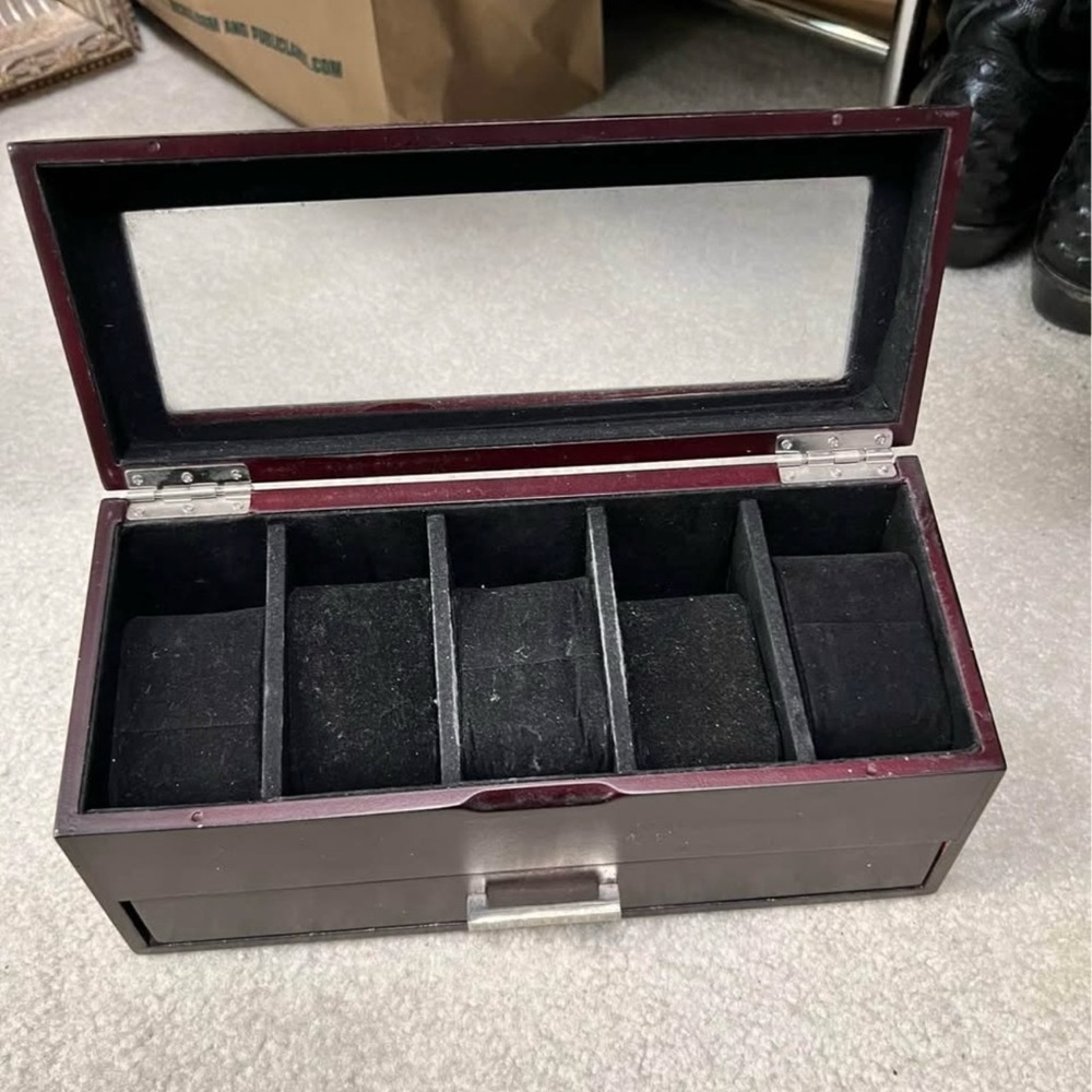 Cherry 5 Watches Wooden Jewelry Box with Glass Top and Draw GUC ❤️ - Picture 2 of 6